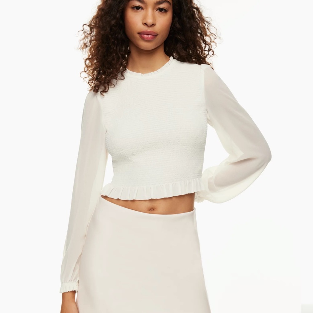 Aritzia NEW Tempest Smocked Ruffle Blouse White